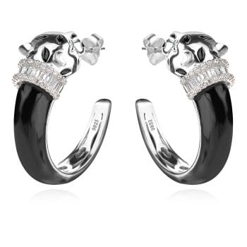 сребърни обеци, емайл, цирконий, тип халки, пантера, по модел на Cartier,