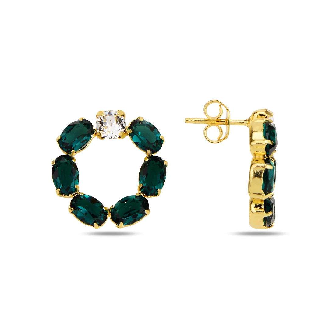 Сребърни обеци - Lucia deep green сребърни обеци, кристали Swarovski, жълта позлата, SWAROVSKI Maestro,