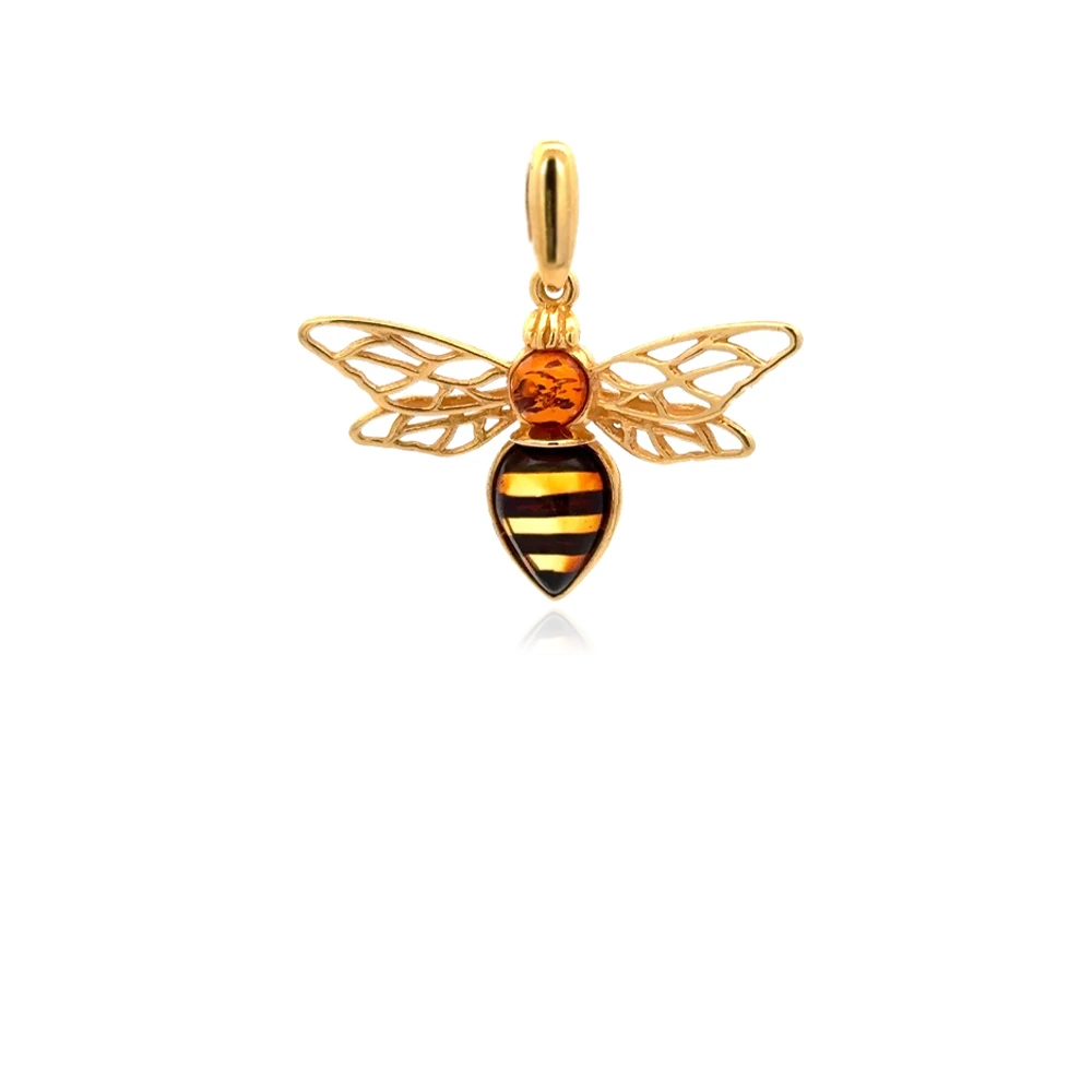 Сребърен медальон - Amber Queen Bee сребърен медальон, жълта позлата, кехлибар, пчела
